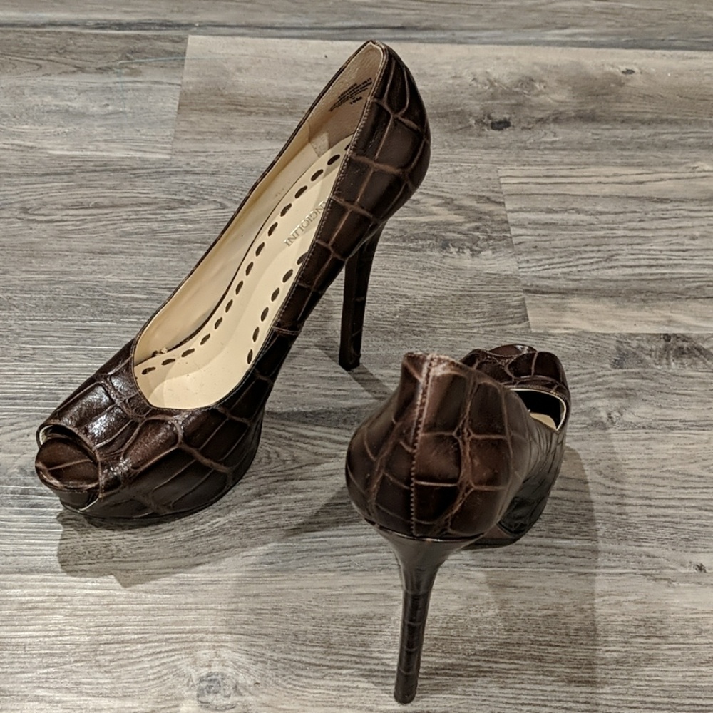 Brown peep toe platform heels